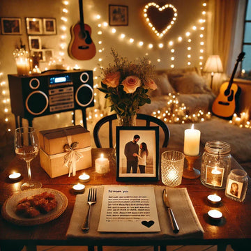 Surpresa romântica para namorado com velas, luzes, flores e mesa posta em ambiente aconchegante.