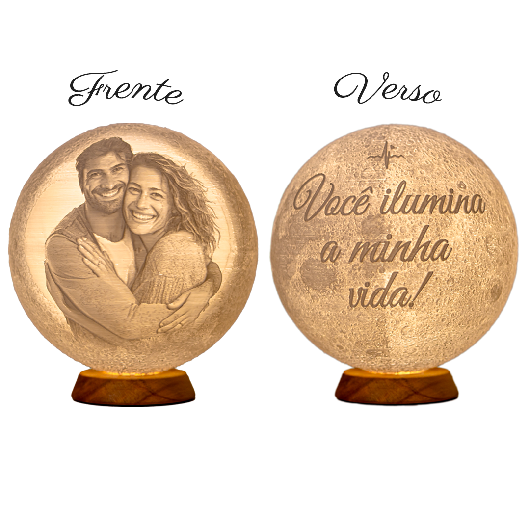 Lua 3D Personalizada Com Foto e Frase - Luminária Presente Romântico Casal Namorados 15cm Branco Quente Decoração