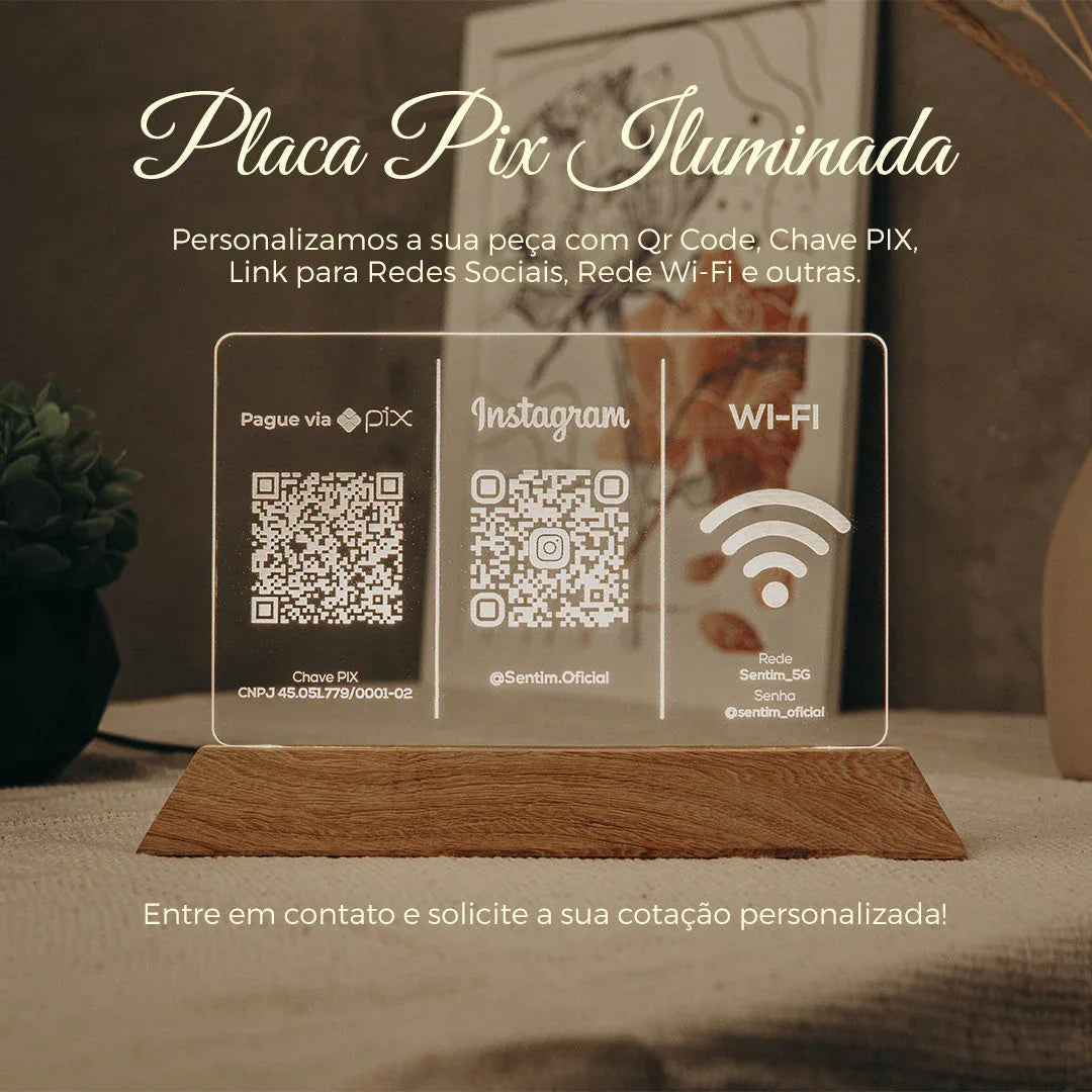 Placa Pix Qr Code Display LED Iluminado para Pagamento Rede Sociais - Luminária LED de Mesa Estabelecimento Lojas