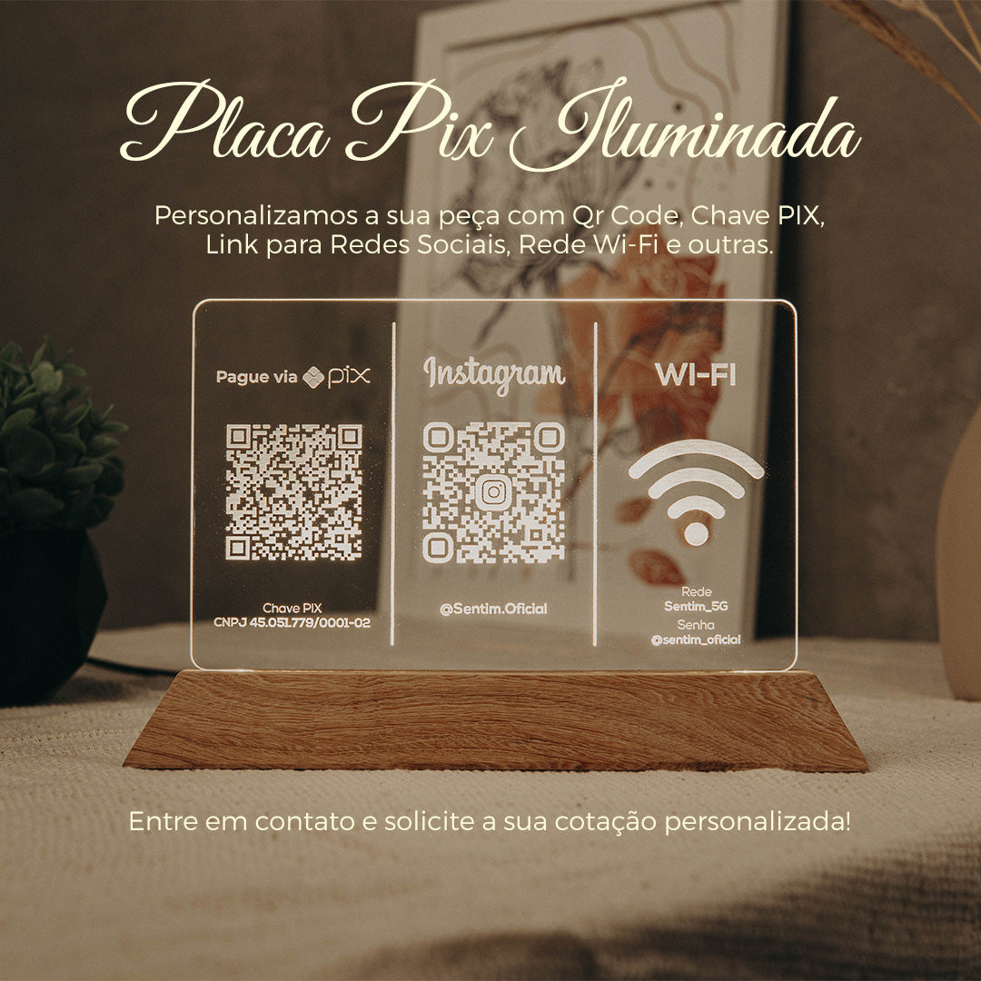 Placa Pix Qr Code Display LED Iluminado para Pagamento Rede Sociais - Luminária LED de Mesa Estabelecimento Lojas