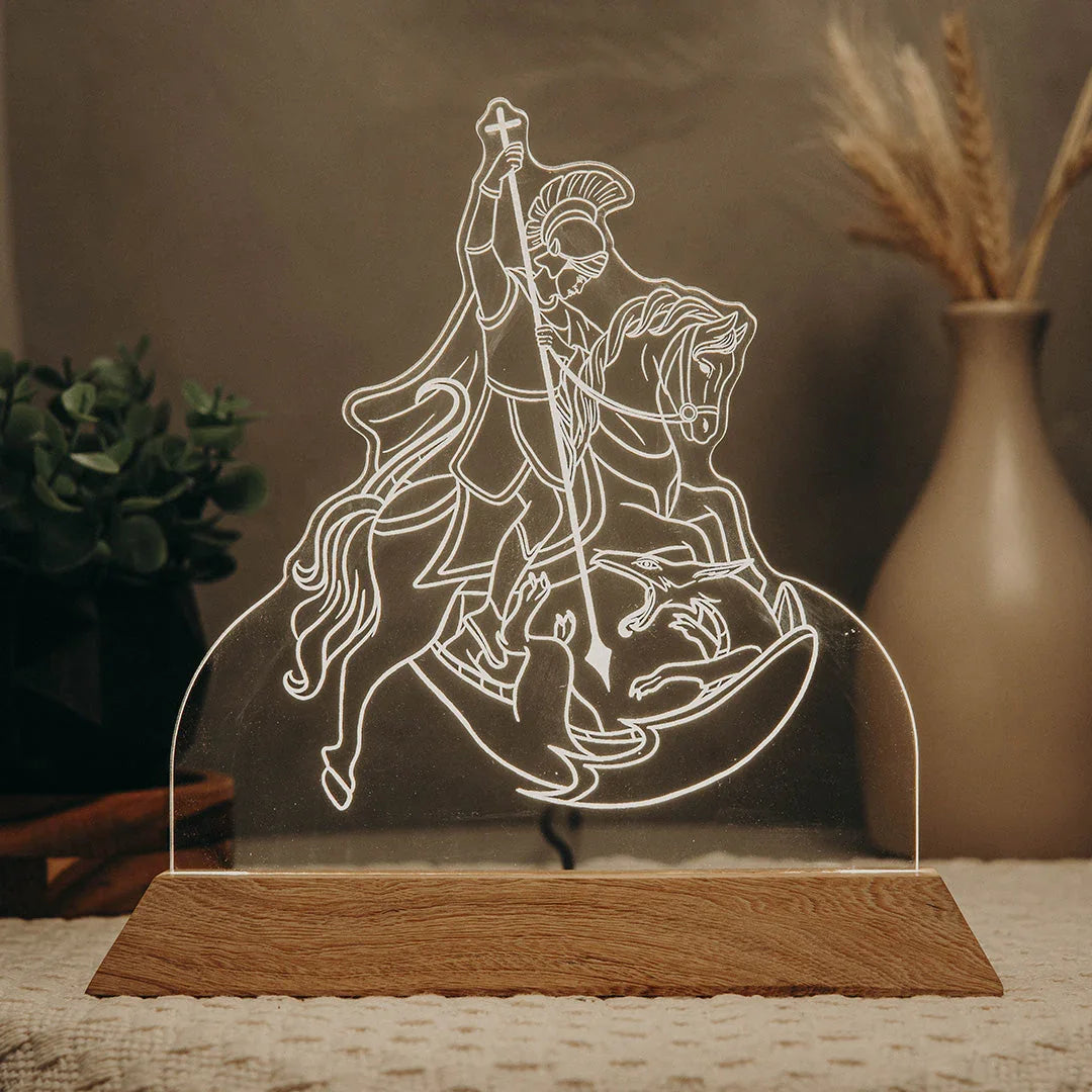 Luminária LED Imagem São Jorge - Presente Troféu Lembrança Mães Avós Bebês Decoração Sala Quarto