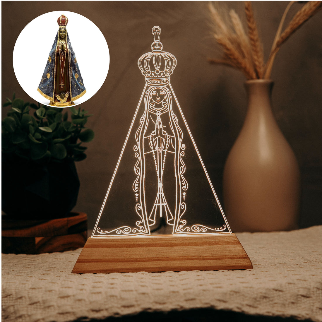 Luminária LED Imagem Nossa Senhora de Fátima - Presente Troféu Lembrança Mães Avós Bebês Decoração Sala Quarto