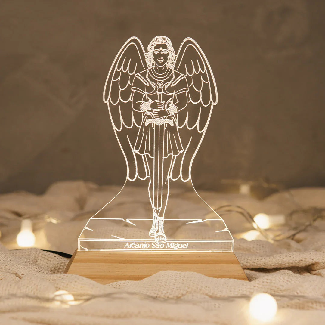 Luminária LED Imagem Arcanjo São Miguel - Presente Troféu Lembrança Mães Avós Bebês Decoração Sala Quarto