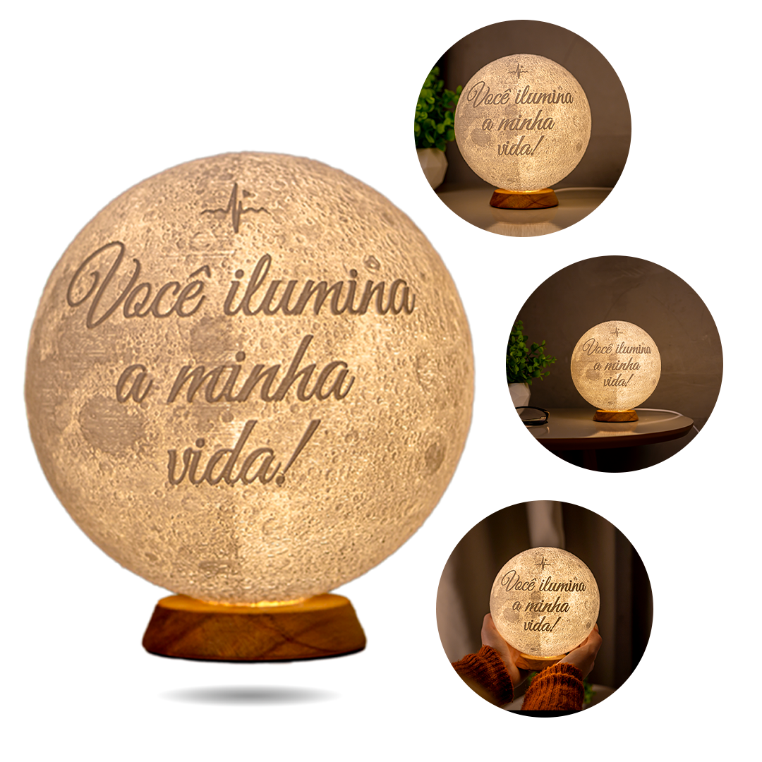 Lua 3D Personalizada Com Foto e Frase - Luminária Presente Romântico Casal Namorados 15cm Branco Quente Decoração
