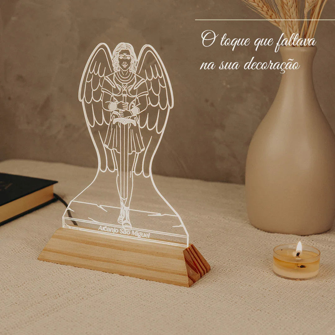 Luminária LED Imagem Arcanjo São Miguel - Presente Troféu Lembrança Mães Avós Bebês Decoração Sala Quarto