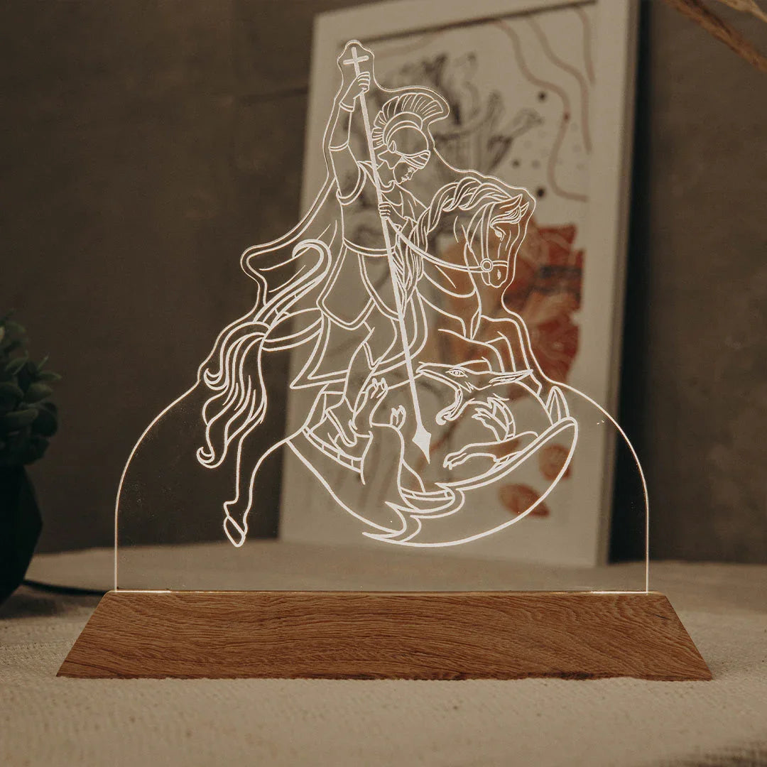 Luminária LED Imagem São Jorge - Presente Troféu Lembrança Mães Avós Bebês Decoração Sala Quarto