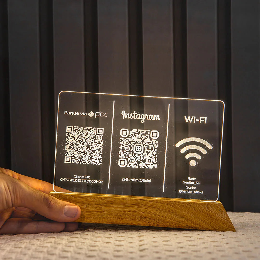 Placa Pix Qr Code Display LED Iluminado para Pagamento Rede Sociais - Luminária LED de Mesa Estabelecimento Lojas