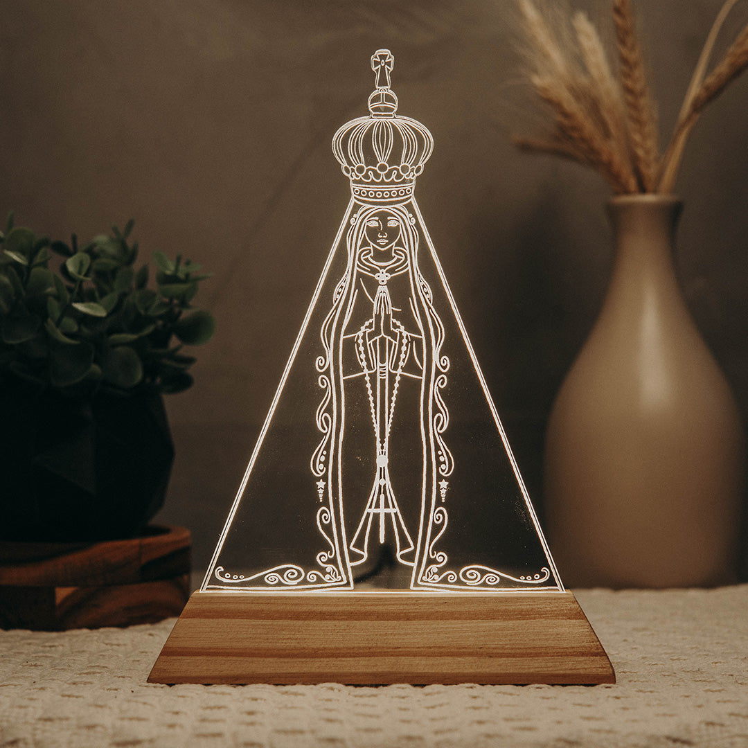 Luminária LED Imagem Nossa Senhora de Fátima - Presente Troféu Lembrança Mães Avós Bebês Decoração Sala Quarto