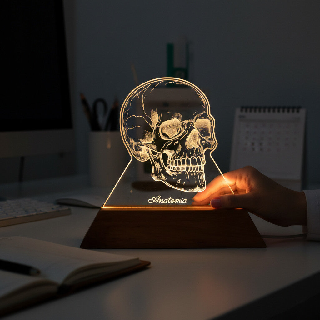 Luminária Crânio - Presente Médico Display LED Acrílico Troféu Adorno de Mesa Decoração Medicina Corpo Humano
