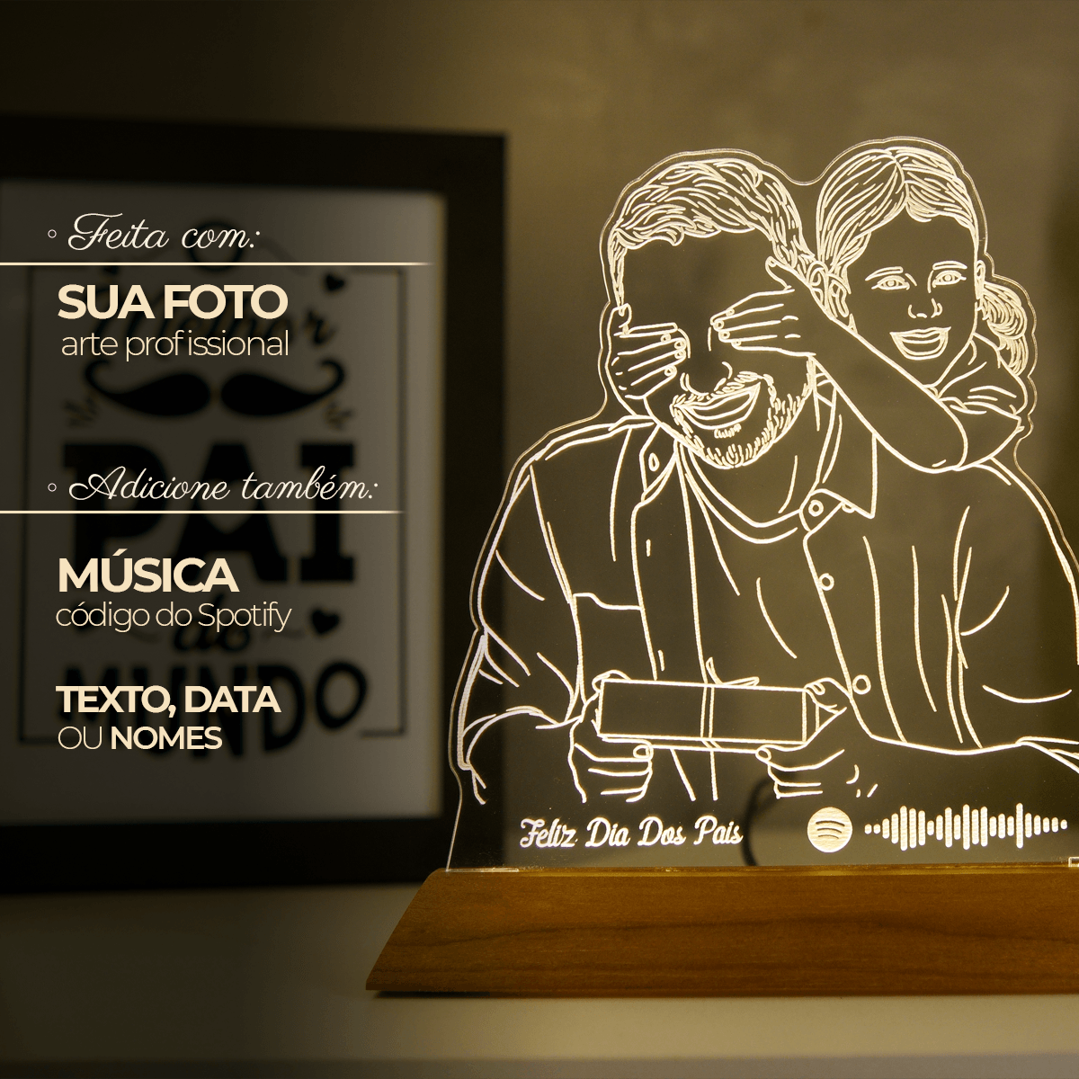 Luminária Dia Dos Pais - Presente Personalizado Com Sua Foto, Frase e Música Spotify