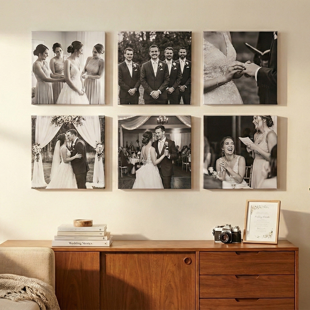Kit 6 Quadros Decorativos Personalizados com Foto - Borda Infinita Casal Família Bebê Quarto Sala Corredor
