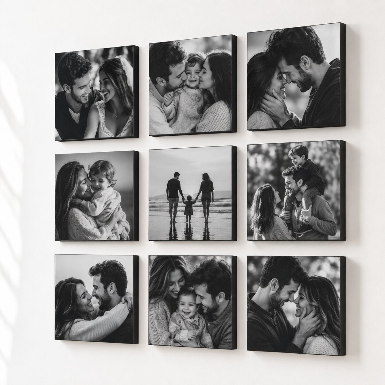 Kit 9 Quadros Decorativos Personalizados com Foto - Borda Infinita Casal Família Bebê Quarto Sala Corredor
