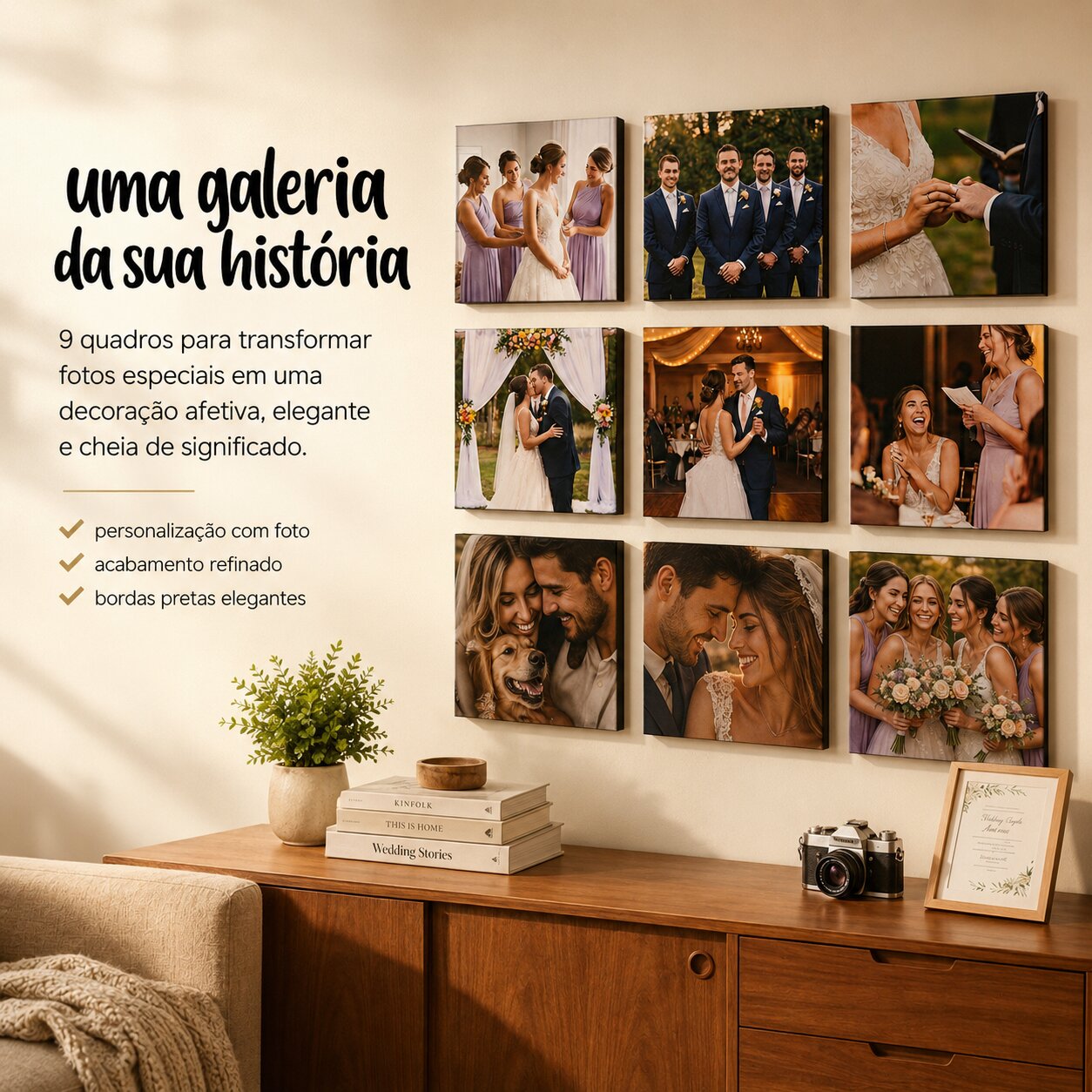 Kit 9 Quadros Decorativos Personalizados com Foto - Borda Infinita Casal Família Bebê Quarto Sala Corredor