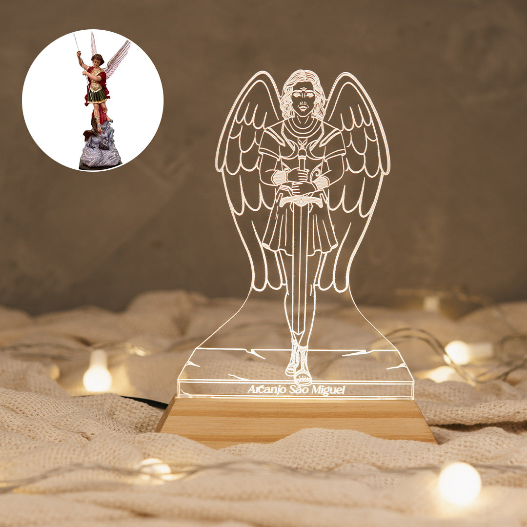 Luminária LED Imagem Arcanjo São Miguel - Presente Troféu Lembrança Mães Avós Bebês Decoração Sala Quarto