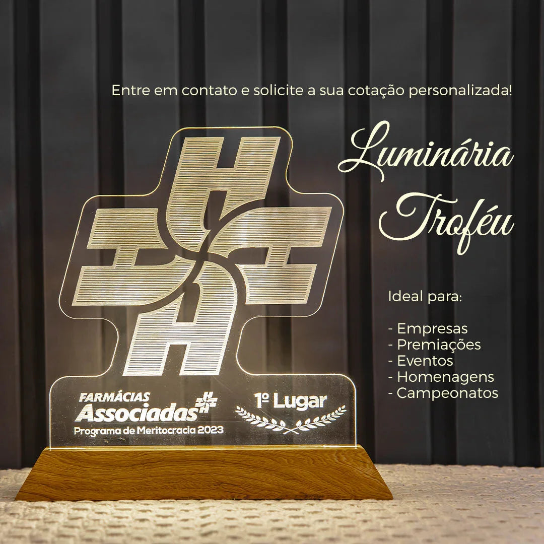 Troféu Acrílico Iluminado LED à Pilha Personalizado - Presente Homenagem Eventos Premiação Colaboradores