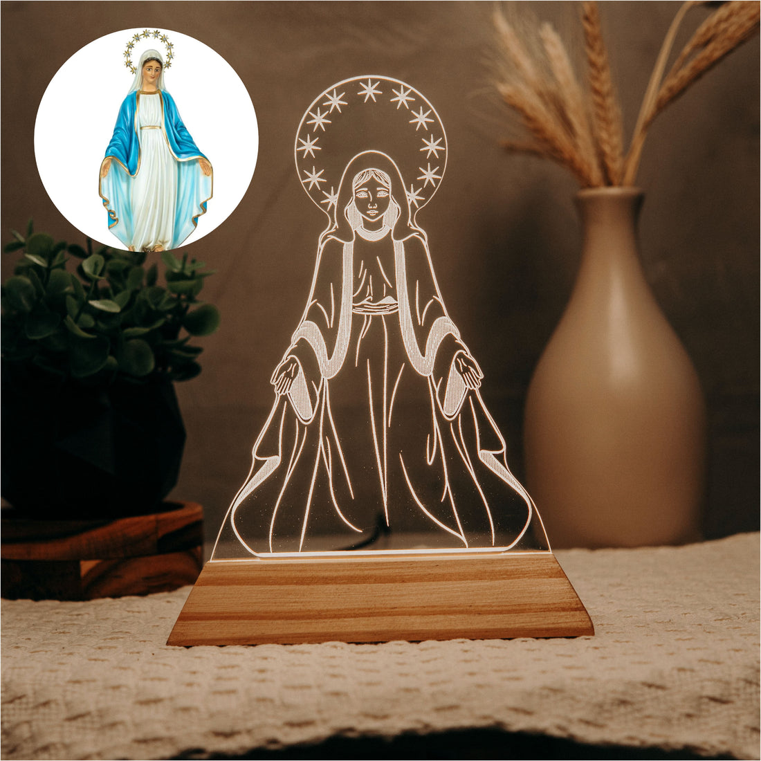Luminária LED Imagem Nossa Senhora das Graças - Presente Troféu Lembrança Mães Avós Bebês Decoração Sala Quarto