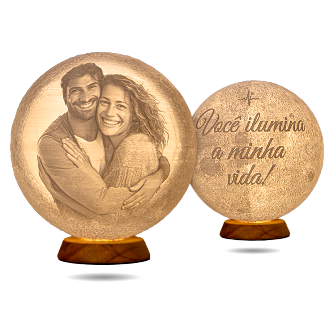 Lua 3D Personalizada Com Foto e Frase - Luminária Presente Romântico Casal Namorados 15cm Branco Quente Decoração