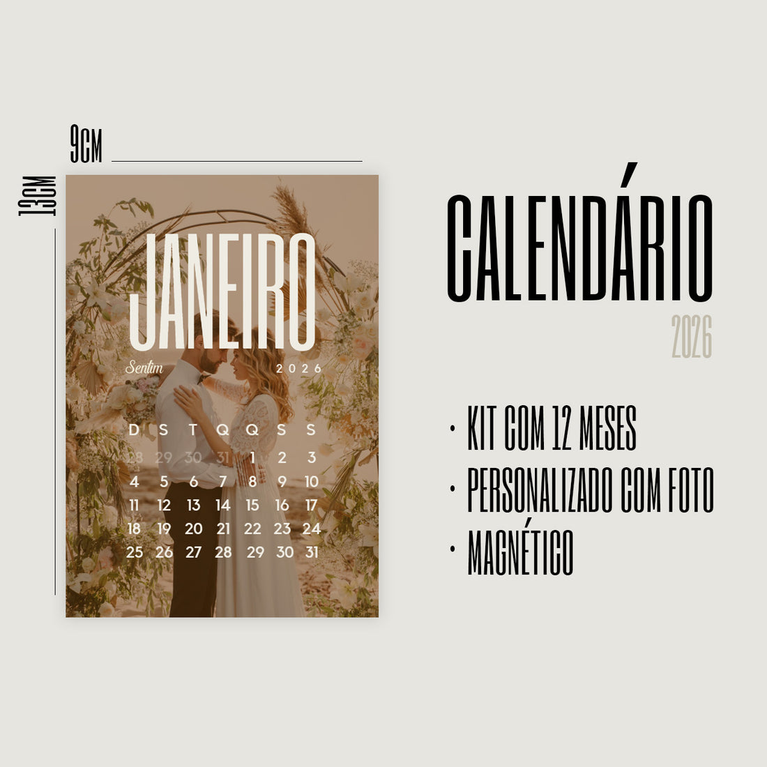 Calendário 2026 Personalizado Com Foto - Kit 12 Ímãs Magnéticos de Geladeira