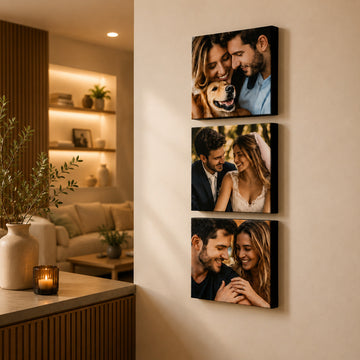 Kit 3 Quadros Personalizados com Foto na parede de uma sala aconchegante