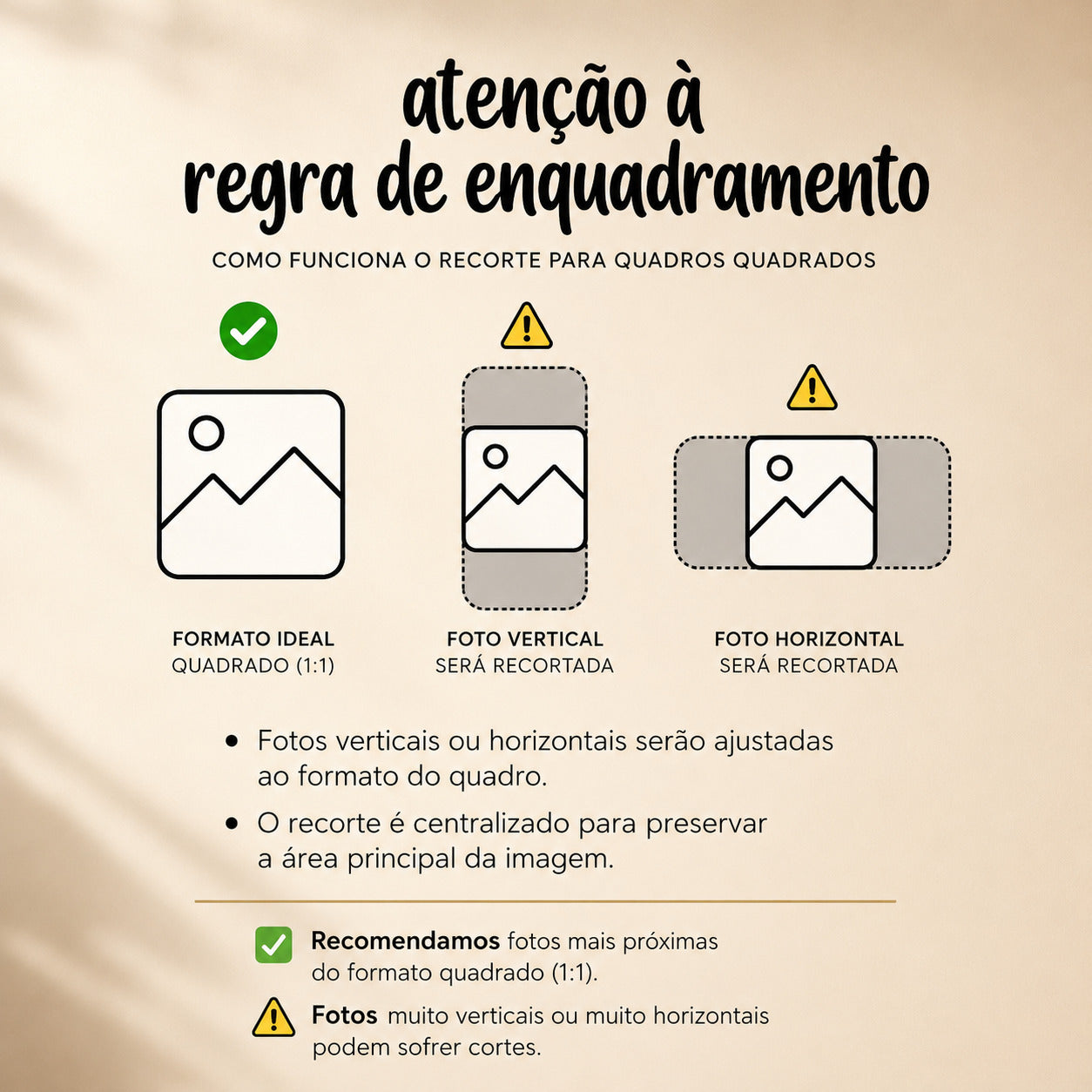 Regra de enquadramento ideal para fotos quadradas no Kit 6 Quadros Personalizados