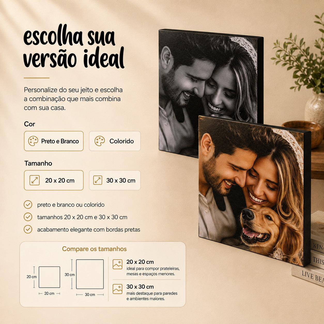 Opções de versão preto e branco ou colorida para o Kit 6 Quadros Personalizados