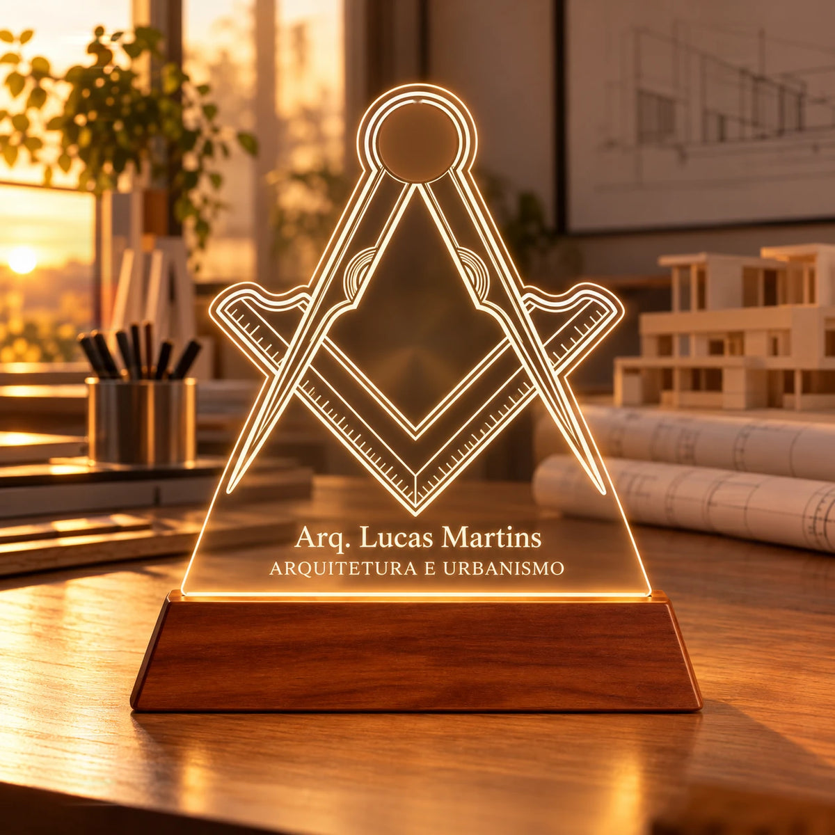 Luminária Arquitetura e Urbanismo personalizada acesa, com desenho de compasso e esquadro e o nome Arq. Lucas Martins gravados em acrílico sobre base de madeira