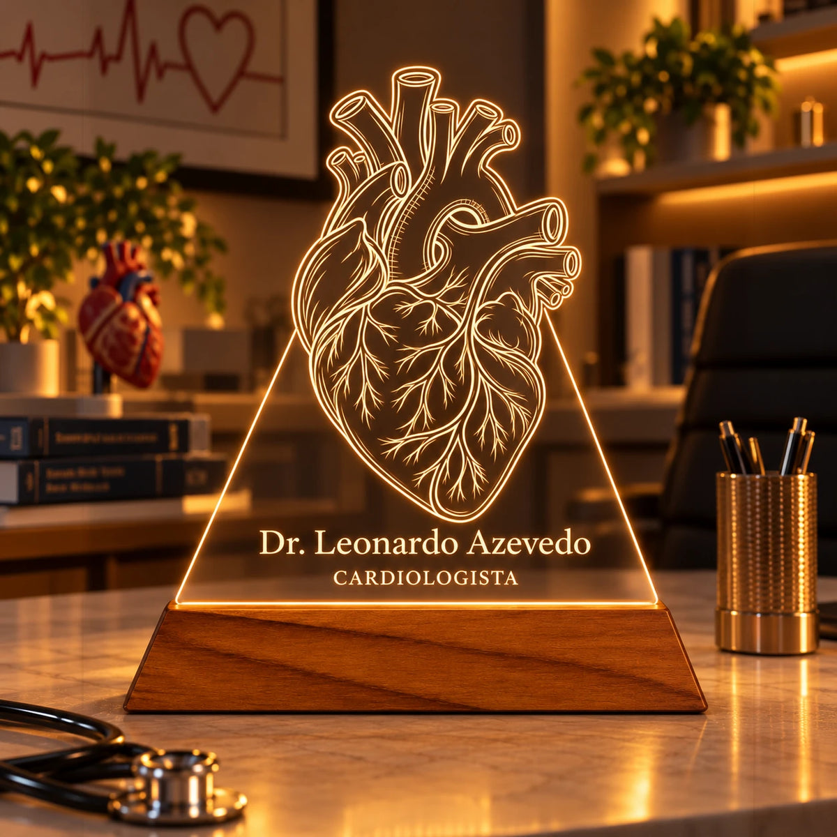 Luminária Cardiologista personalizada acesa, com desenho de coração anatômico e o nome Dr. Leonardo Azevedo gravados em acrílico sobre base de madeira