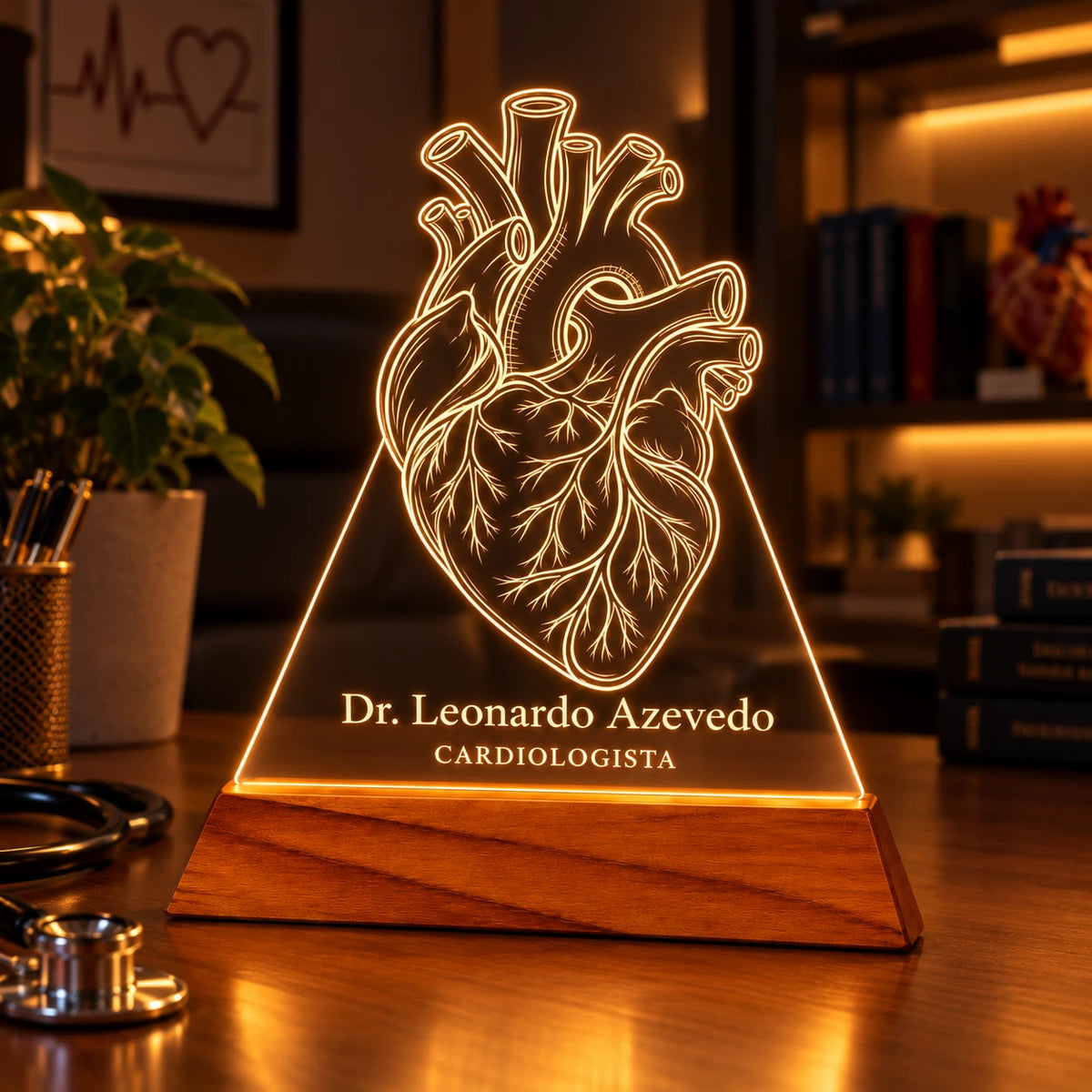 Luminária Cardiologista acesa sobre a mesa de um consultório, ao lado de estetoscópio, livros e um modelo de coração