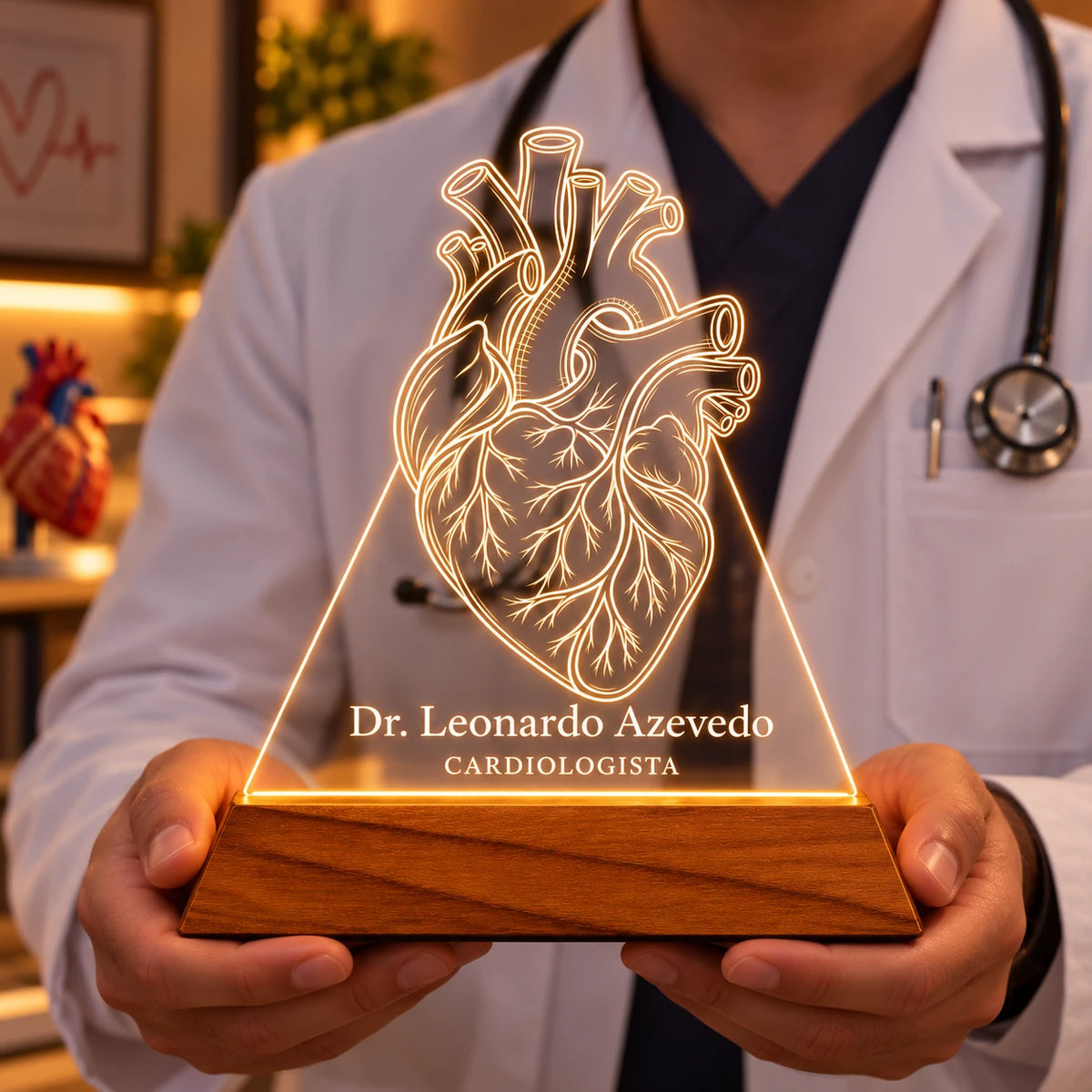 Médico de jaleco e estetoscópio segurando a Luminária Cardiologista acesa, com coração e nome gravados no acrílico