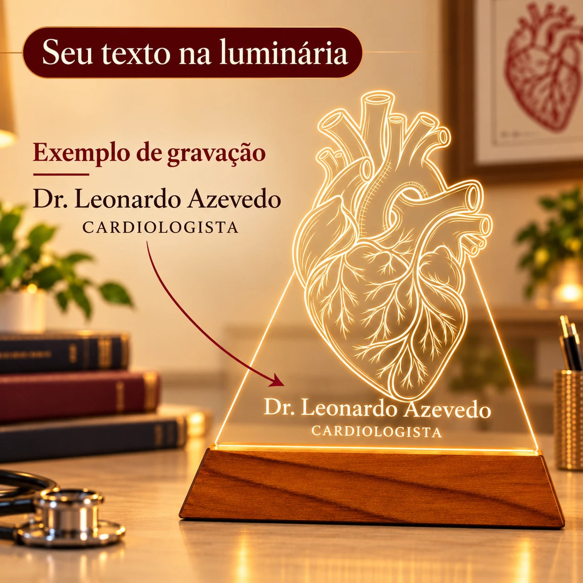 Exemplo de nome e especialidade gravados na Luminária Cardiologista personalizada: Dr. Leonardo Azevedo, Cardiologista
