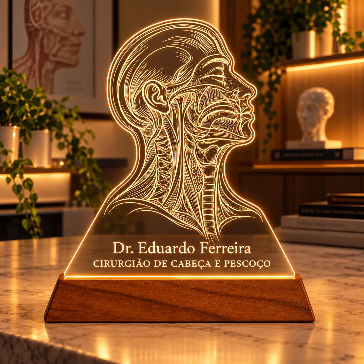 Luminária Cirurgião de Cabeça e Pescoço personalizada acesa, com perfil anatômico de cabeça e pescoço e o nome Dr. Eduardo Ferreira gravados em acrílico sobre base de madeira
