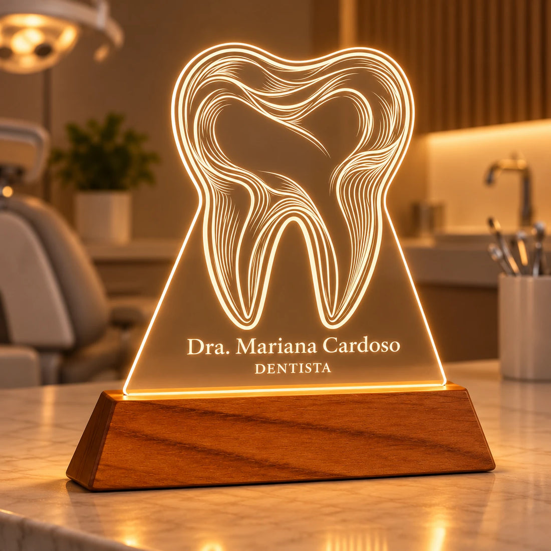 Luminária Dentista personalizada acesa, com desenho de dente gravado em acrílico sobre base de madeira