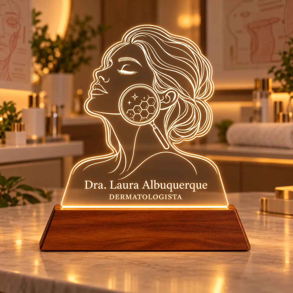Luminária Dermatologista personalizada acesa, com desenho de rosto feminino de perfil com lupa sobre a pele e o nome Dra. Laura Albuquerque gravados em acrílico sobre base de madeira