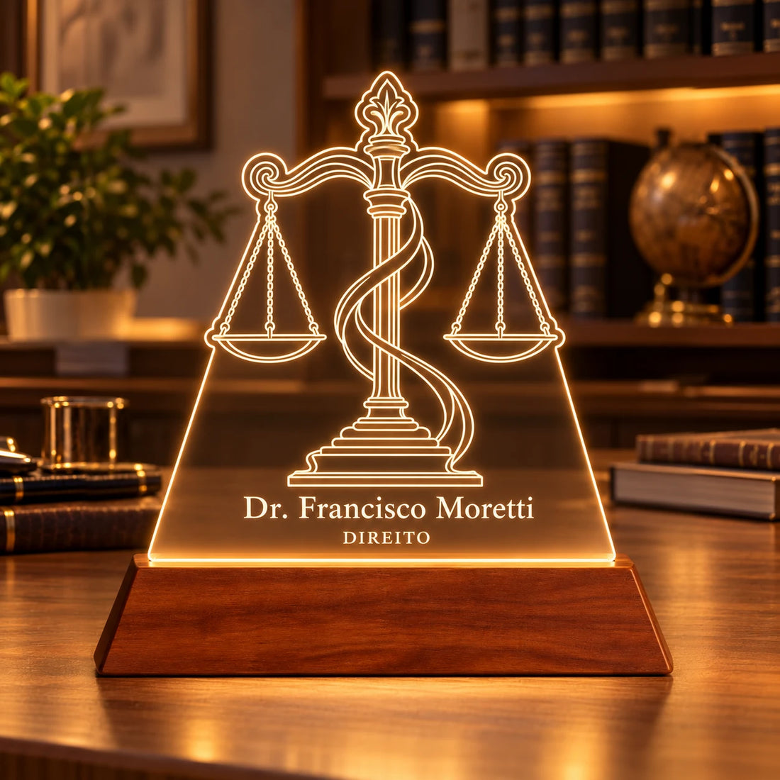 Luminária Direito personalizada acesa, com desenho de balança da justiça e o nome Dr. Francisco Moretti gravados em acrílico sobre base de madeira