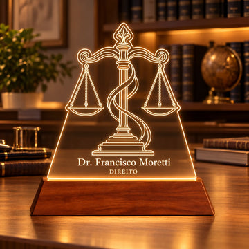 Luminária Direito personalizada acesa, com desenho de balança da justiça e o nome Dr. Francisco Moretti gravados em acrílico sobre base de madeira