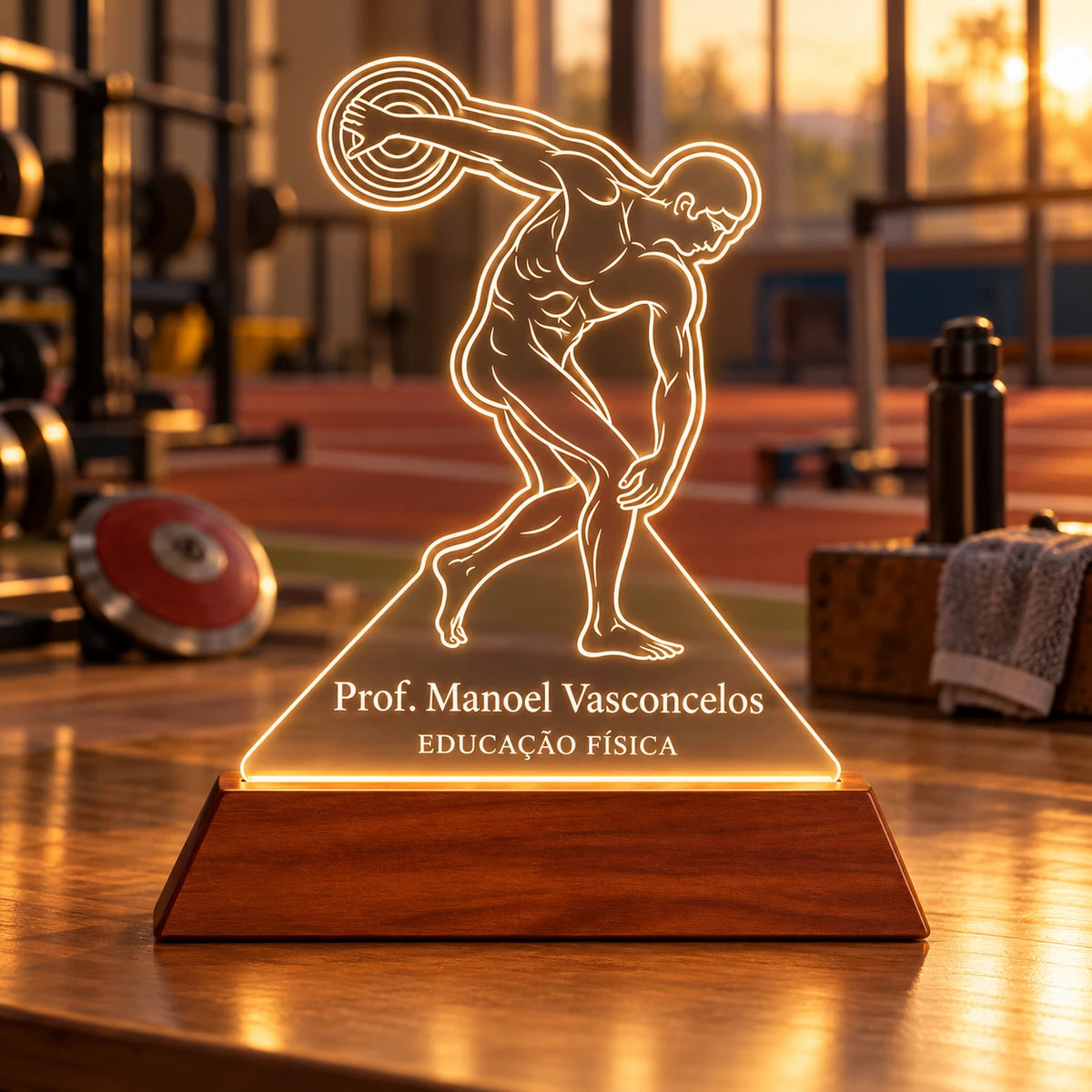 Luminária Educação Física personalizada acesa, com desenho de atleta lançador de disco e o nome Prof. Manoel Vasconcelos gravados em acrílico sobre base de madeira