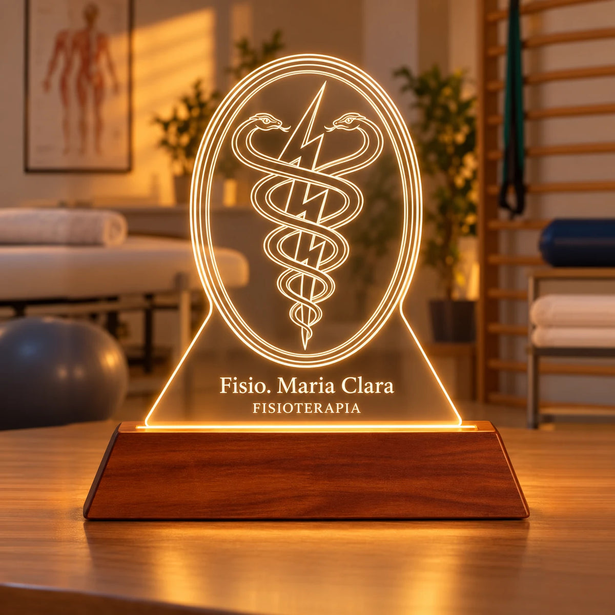 Luminária Fisioterapia personalizada acesa, com caduceu de serpentes e raio e o nome Fisio. Maria Clara gravados em acrílico sobre base de madeira