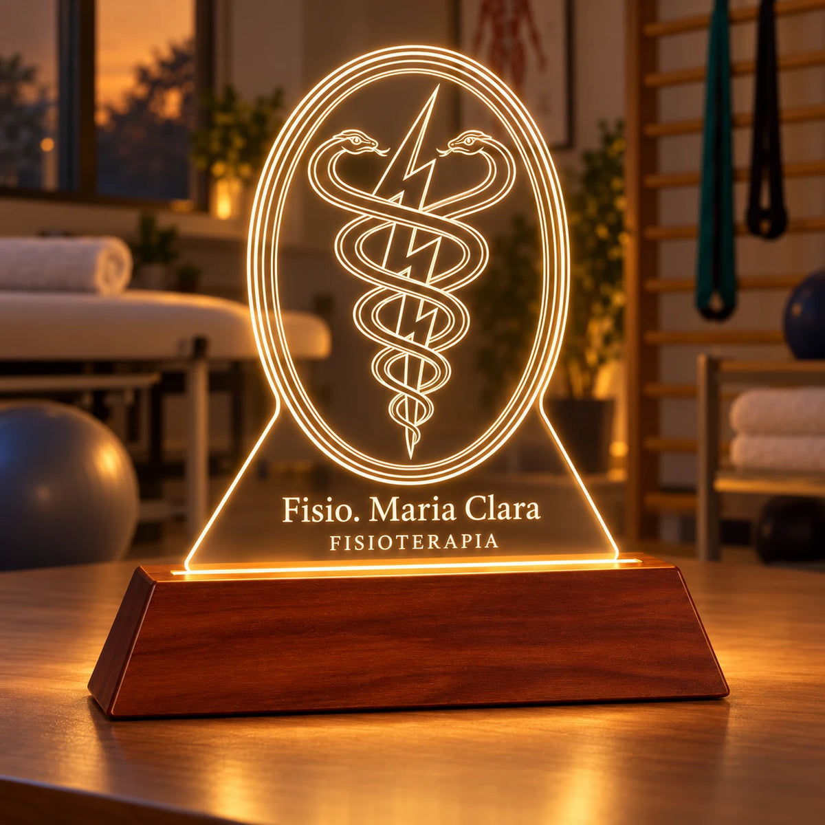 Luminária Fisioterapia acesa em luz baixa na sala de uma clínica de fisioterapia, ao lado de maca, bola e espaldar