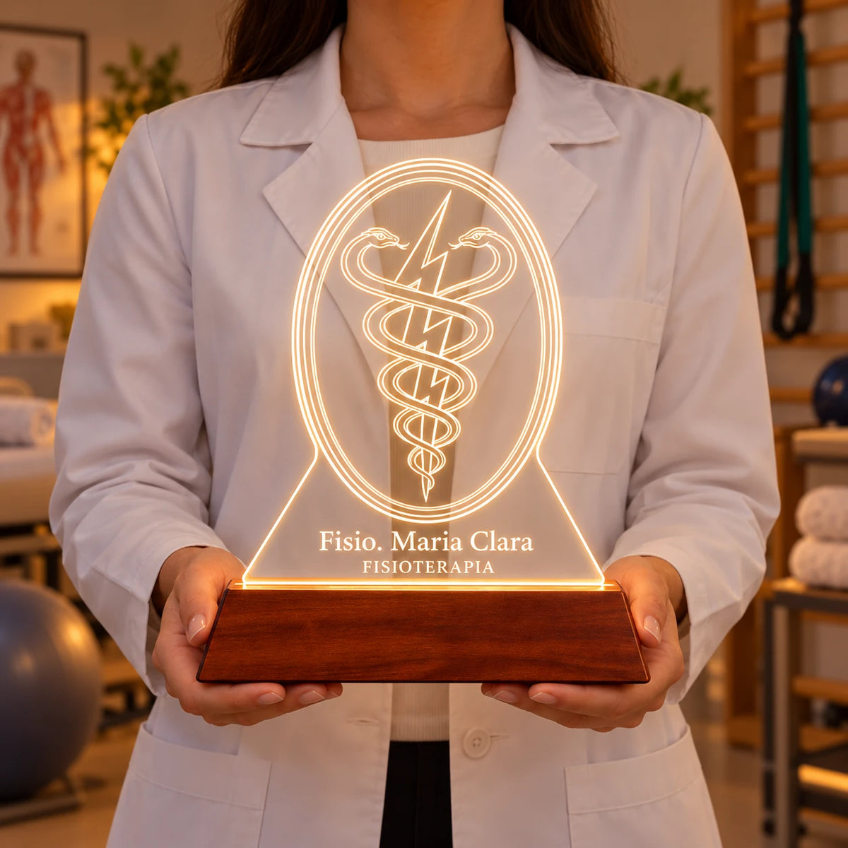Fisioterapeuta de jaleco segurando a Luminária Fisioterapia acesa, com caduceu e nome gravados no acrílico