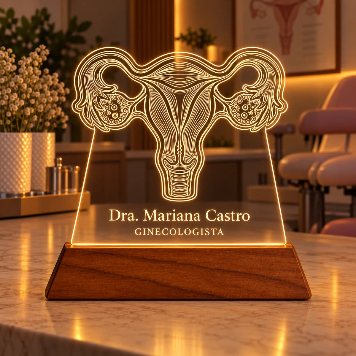 Luminária Ginecologista personalizada acesa, com desenho de útero e ovários e o nome Dra. Mariana Castro gravados em acrílico sobre base de madeira