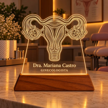 Luminária Ginecologista personalizada acesa, com desenho de útero e ovários e o nome Dra. Mariana Castro gravados em acrílico sobre base de madeira