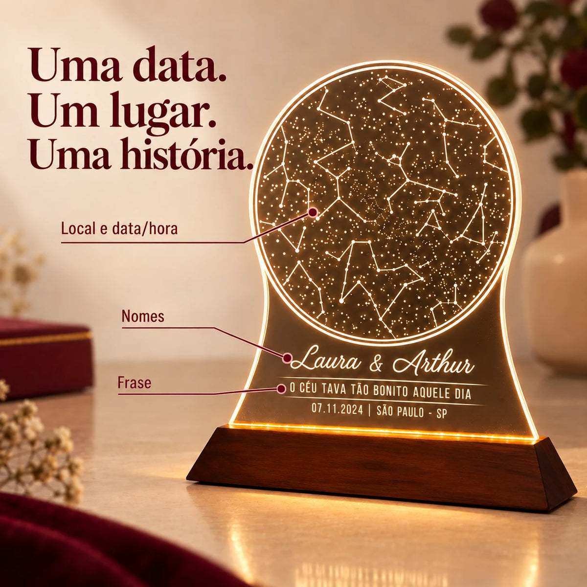 Detalhe da luminária com mapa estelar, nomes e frase personalizados indicados por chamadas.