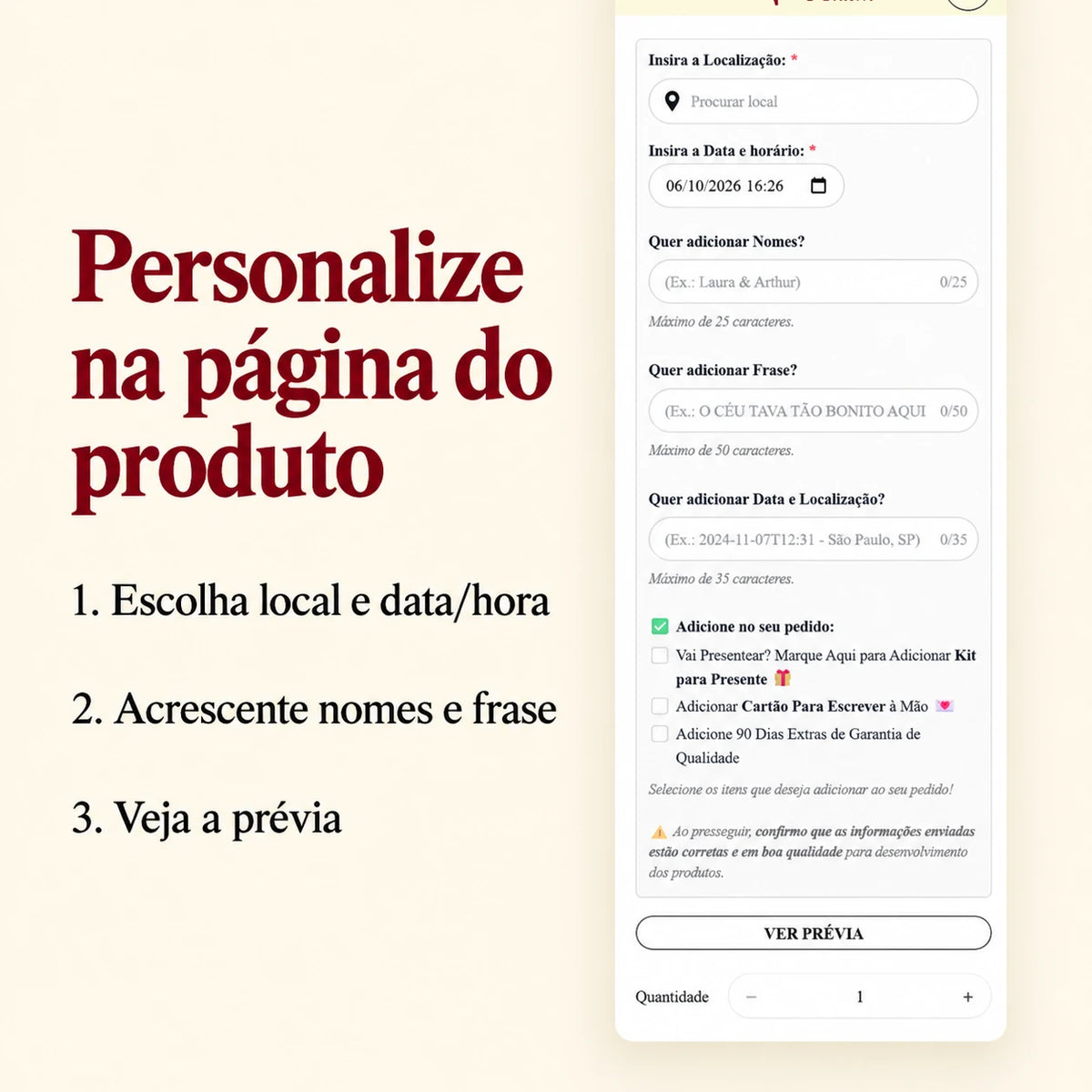 Passos para escolher local e data, adicionar nomes e frase e ver a prévia na página do produto.