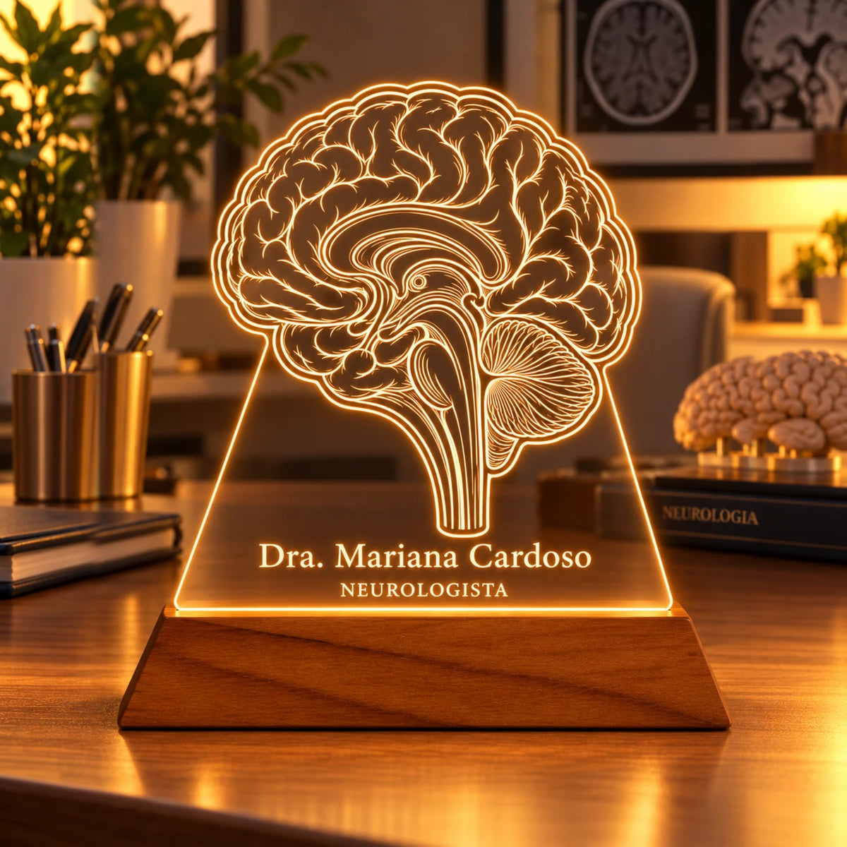 Luminária Neurologista personalizada acesa, com desenho de cérebro em corte e o nome Dra. Mariana Cardoso gravados em acrílico sobre base de madeira