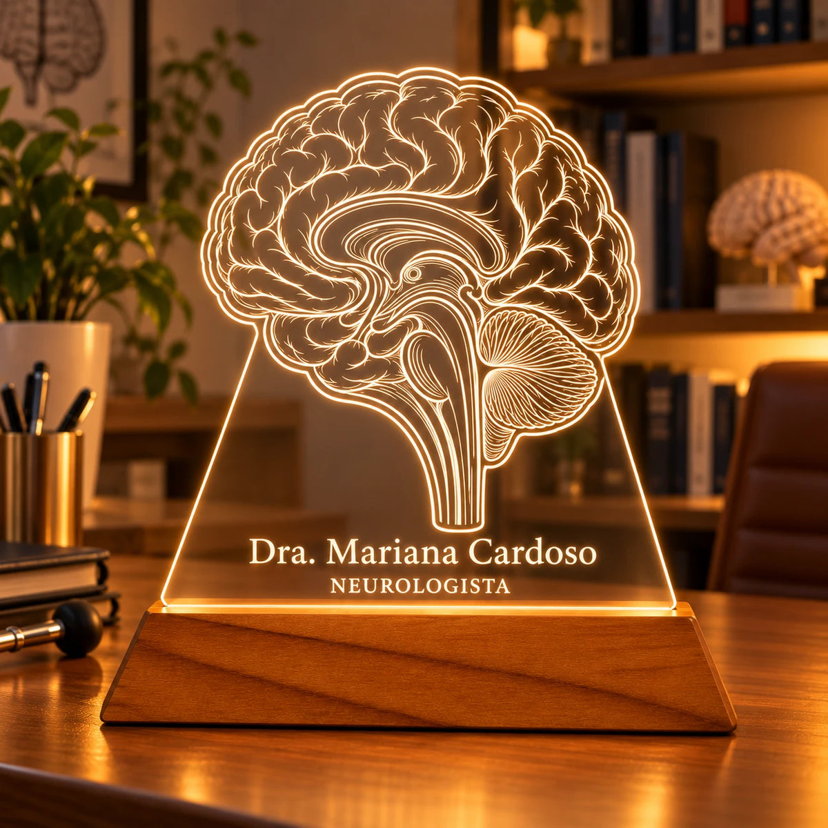 Luminária Neurologista acesa sobre a mesa de um consultório, ao lado de livros, caneta e um modelo de cérebro