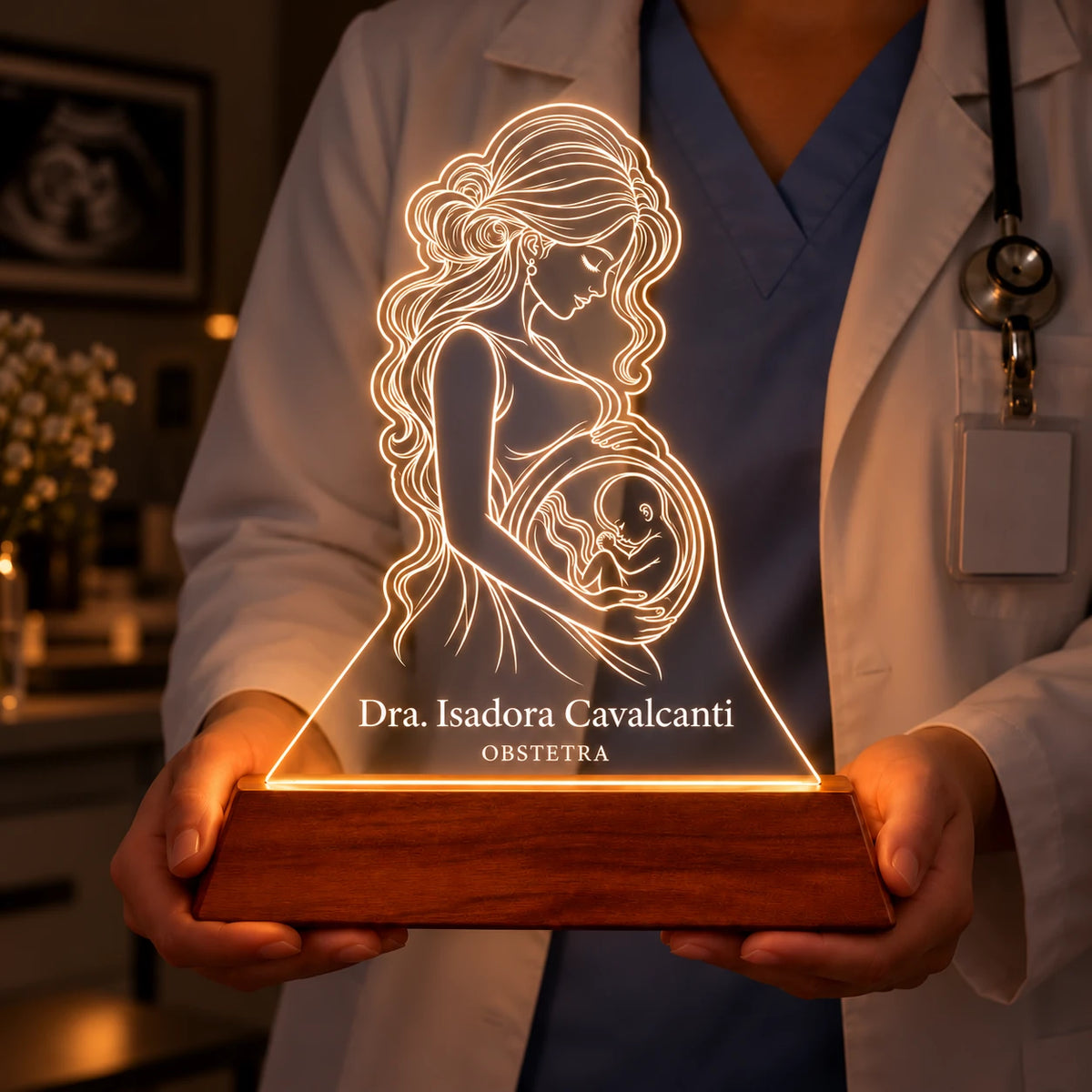 Mãos entregando a Luminária Obstetra Personalizada como presente a uma obstetra