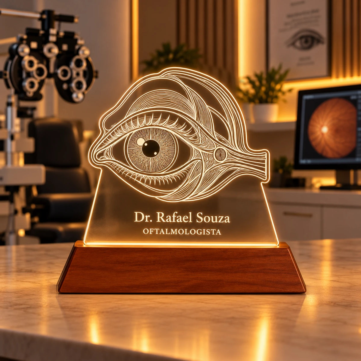 Luminária Oftalmologista personalizada acesa, com desenho de olho anatômico e o nome Dr. Rafael Souza gravados em acrílico sobre base de madeira