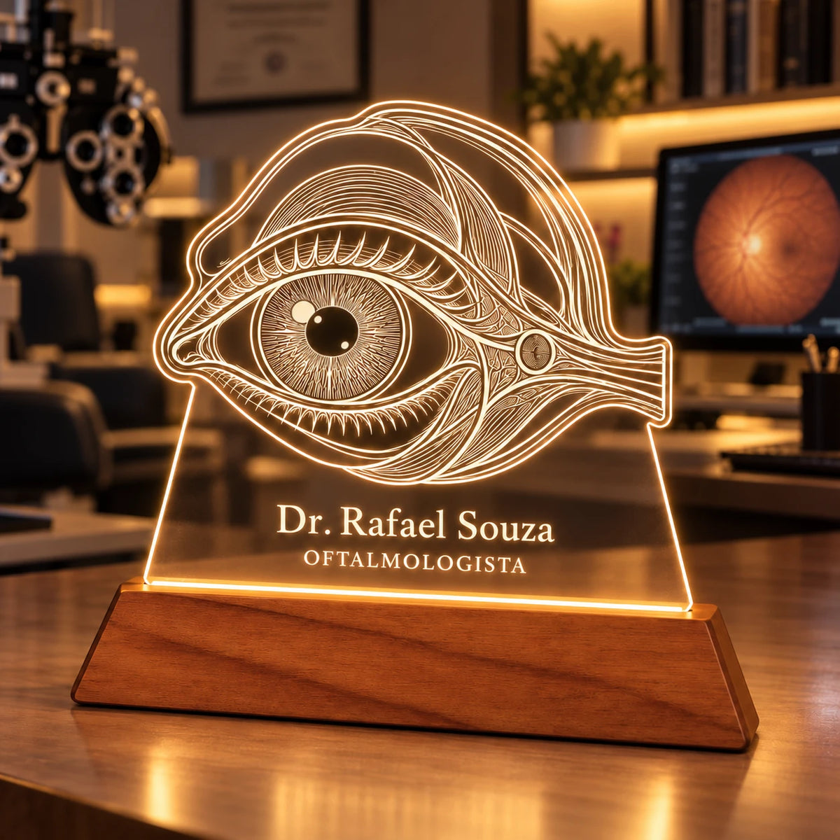 Luminária Oftalmologista acesa sobre a mesa de um consultório em penumbra, com foróptero e monitor de retina ao fundo