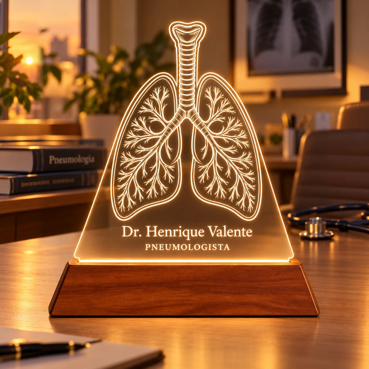 Luminária Pneumologista personalizada acesa, com desenho de pulmões anatômicos e o nome Dr. Henrique Valente gravados em acrílico sobre base de madeira