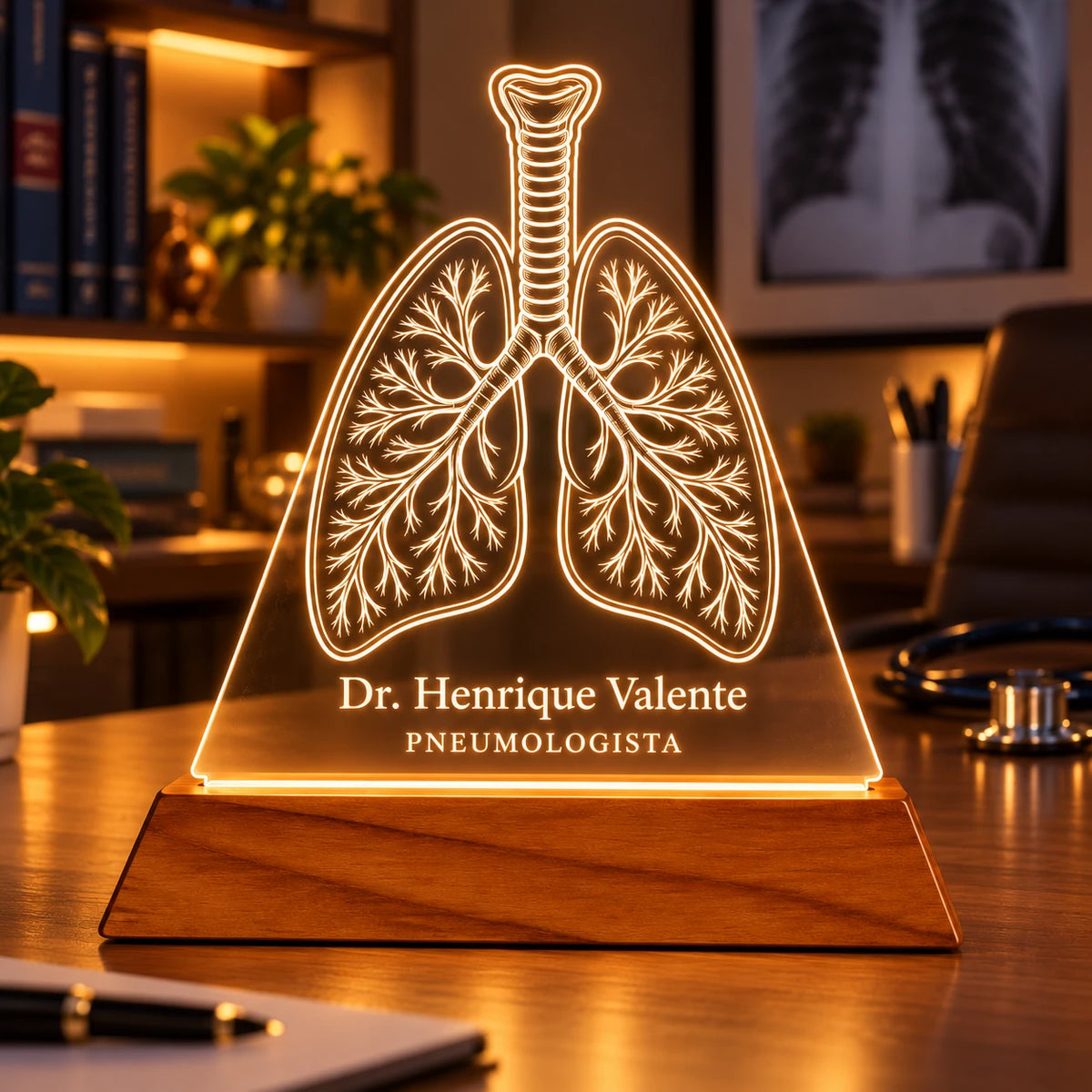 Luminária Pneumologista acesa sobre a mesa de um consultório, ao lado de estetoscópio, livros e um quadro de raio-X de tórax